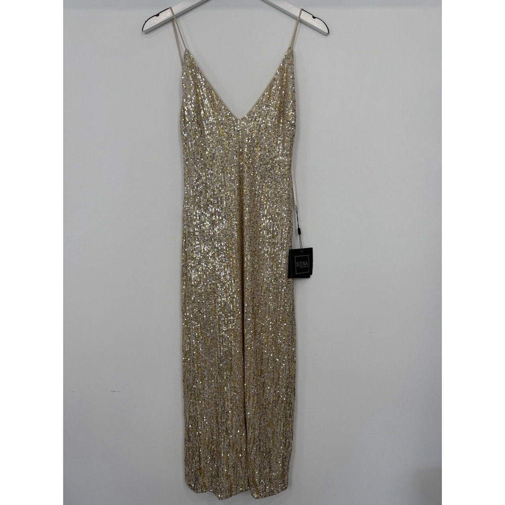 Ieena Mac Duggal Sequin Maxi Dress 0 Gold Silver Formal Glam Gatsby Art Deco NWT